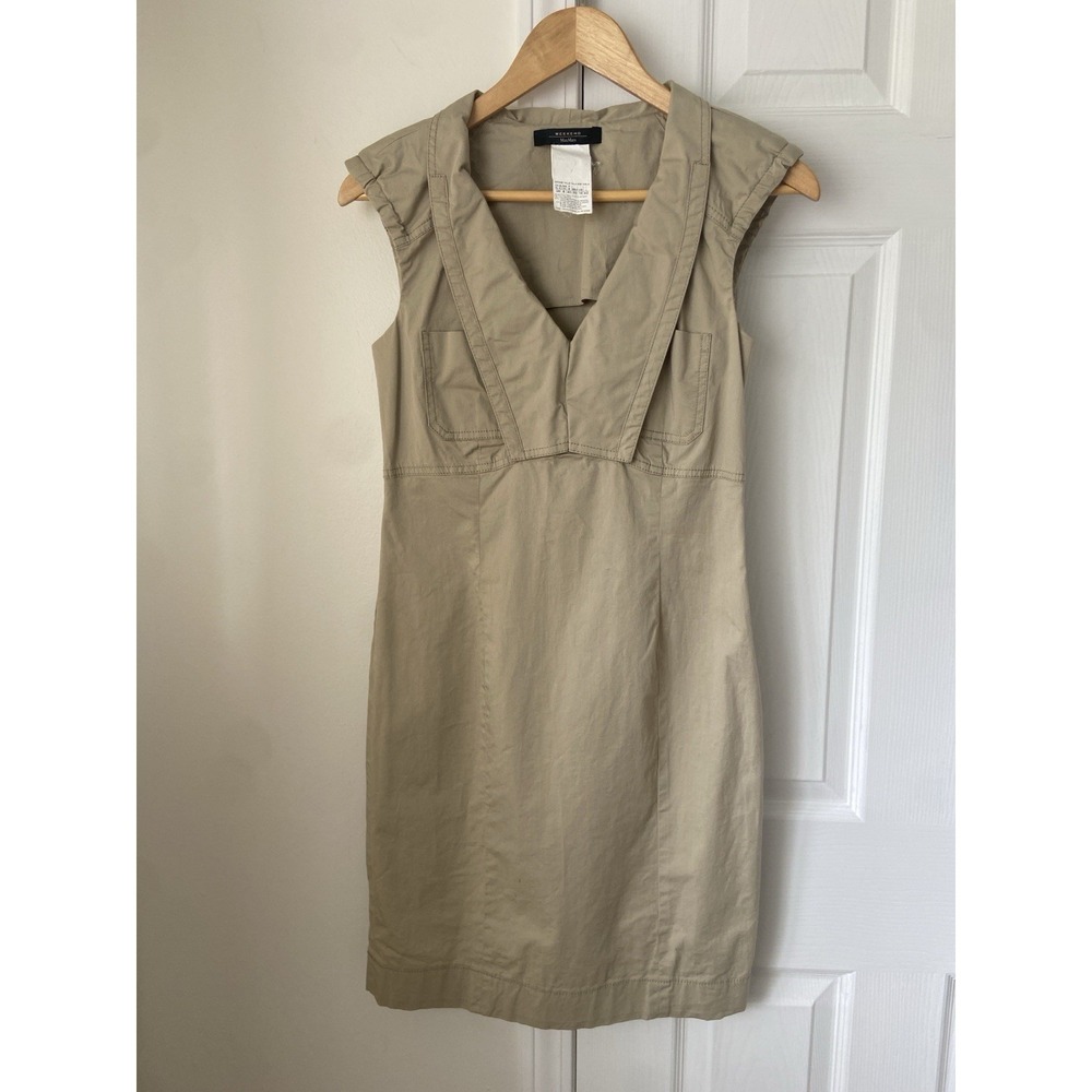 Max Mara Weekend Y2K Utility Khaki Mini Dress Size 8 Cotton Pockets Cap Sleeve